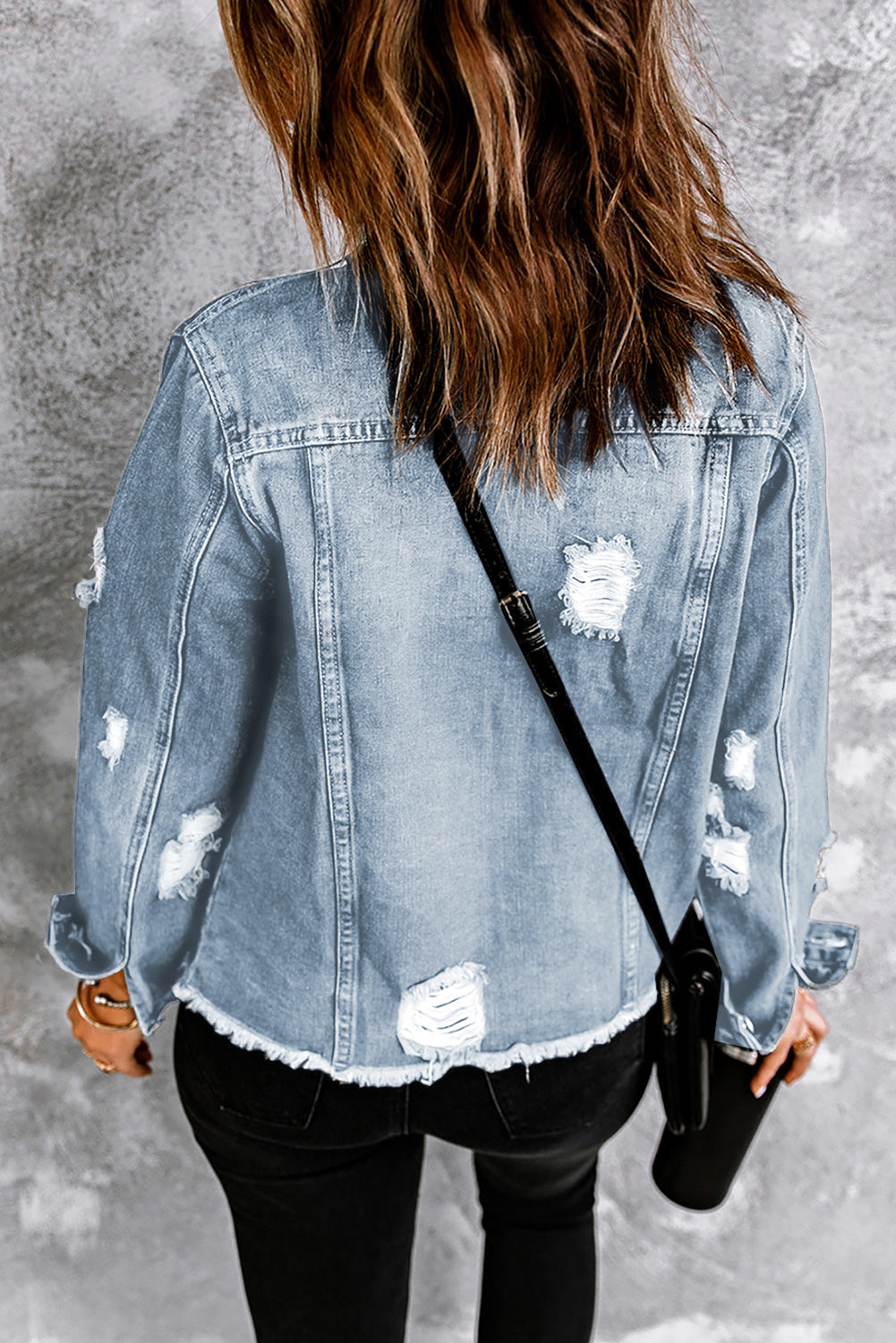 Light Blue Distressed Ripped Raw Hem Buttons Denim Jacket Jackets 22f54560e923cedc