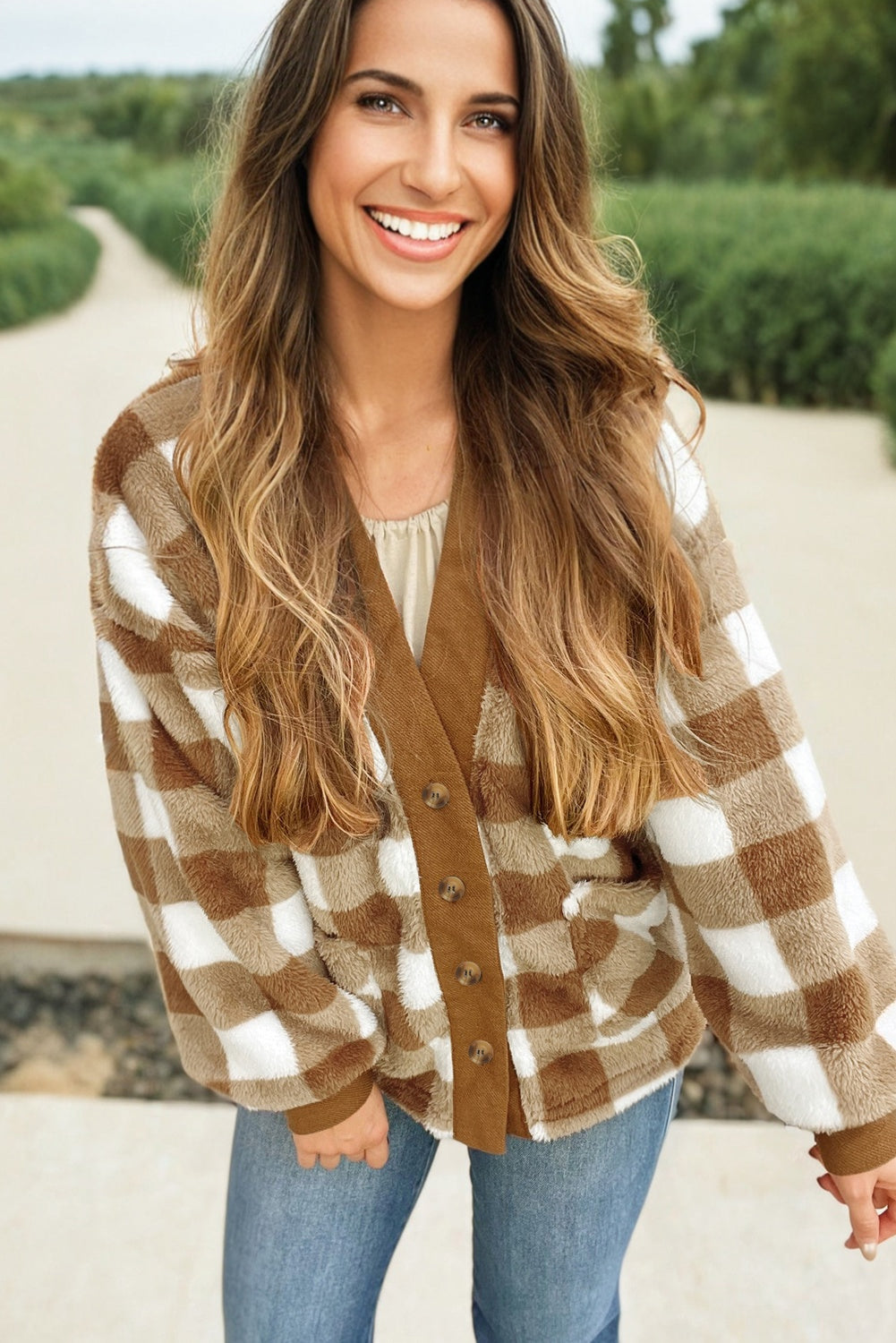 Brown Checkered Sherpa Loose Knit Cardigan with Pockets Cardigans 233c777939a2cf7f