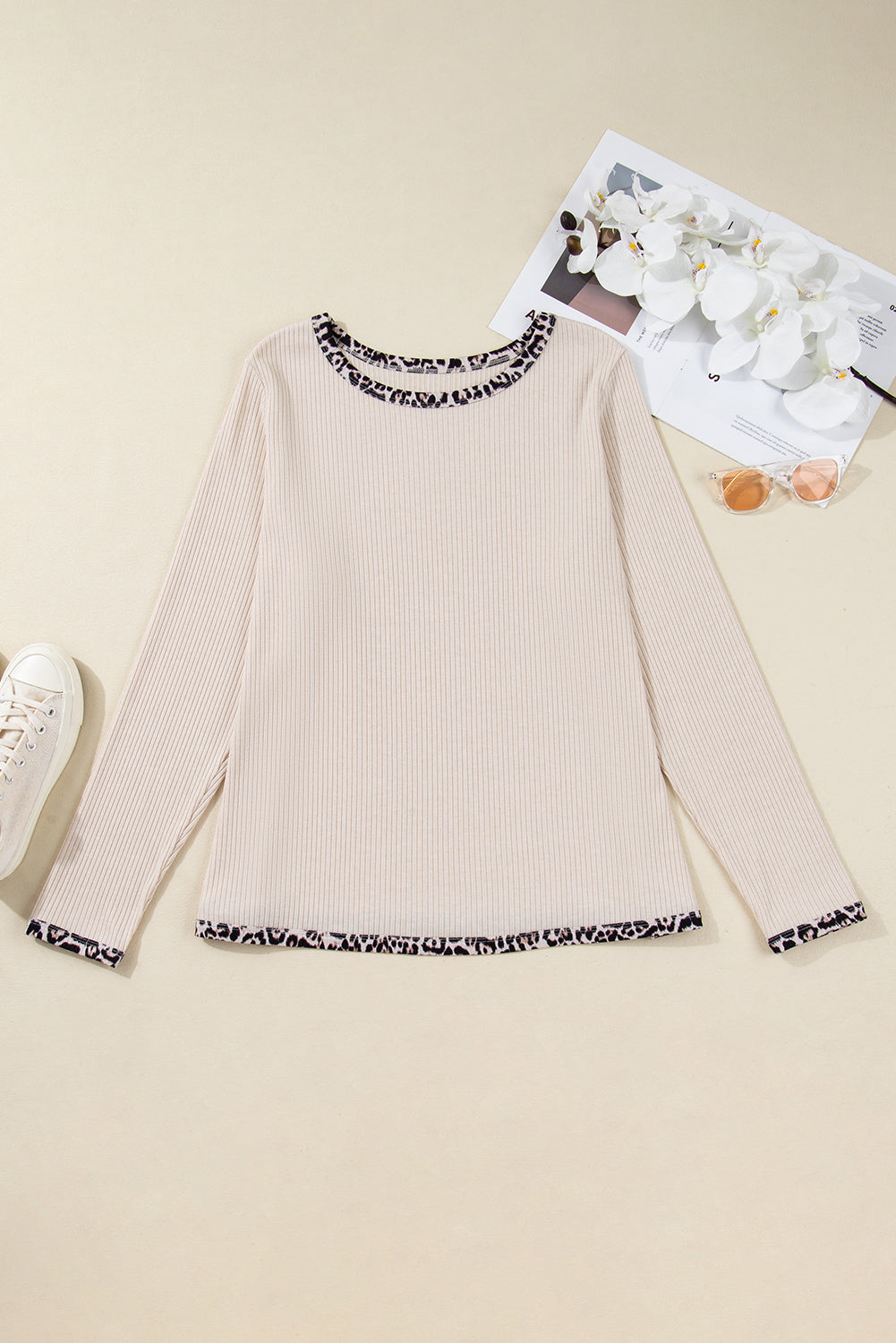 Parchment Ribbed Contrast Leopard Edge Round Neck Plus Size Top Plus Size Tops 2347dd804c9c0ee1