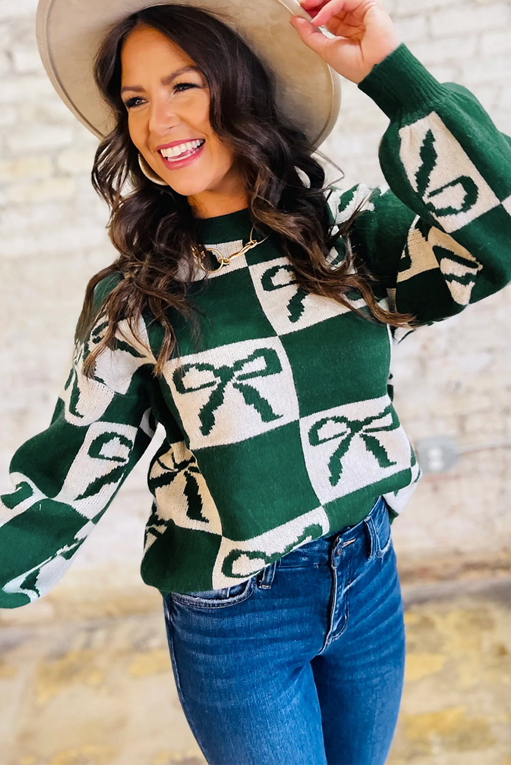 Blackish Green Bow Print Checkered Knit Sweater Sweaters 237fcd19a95938be