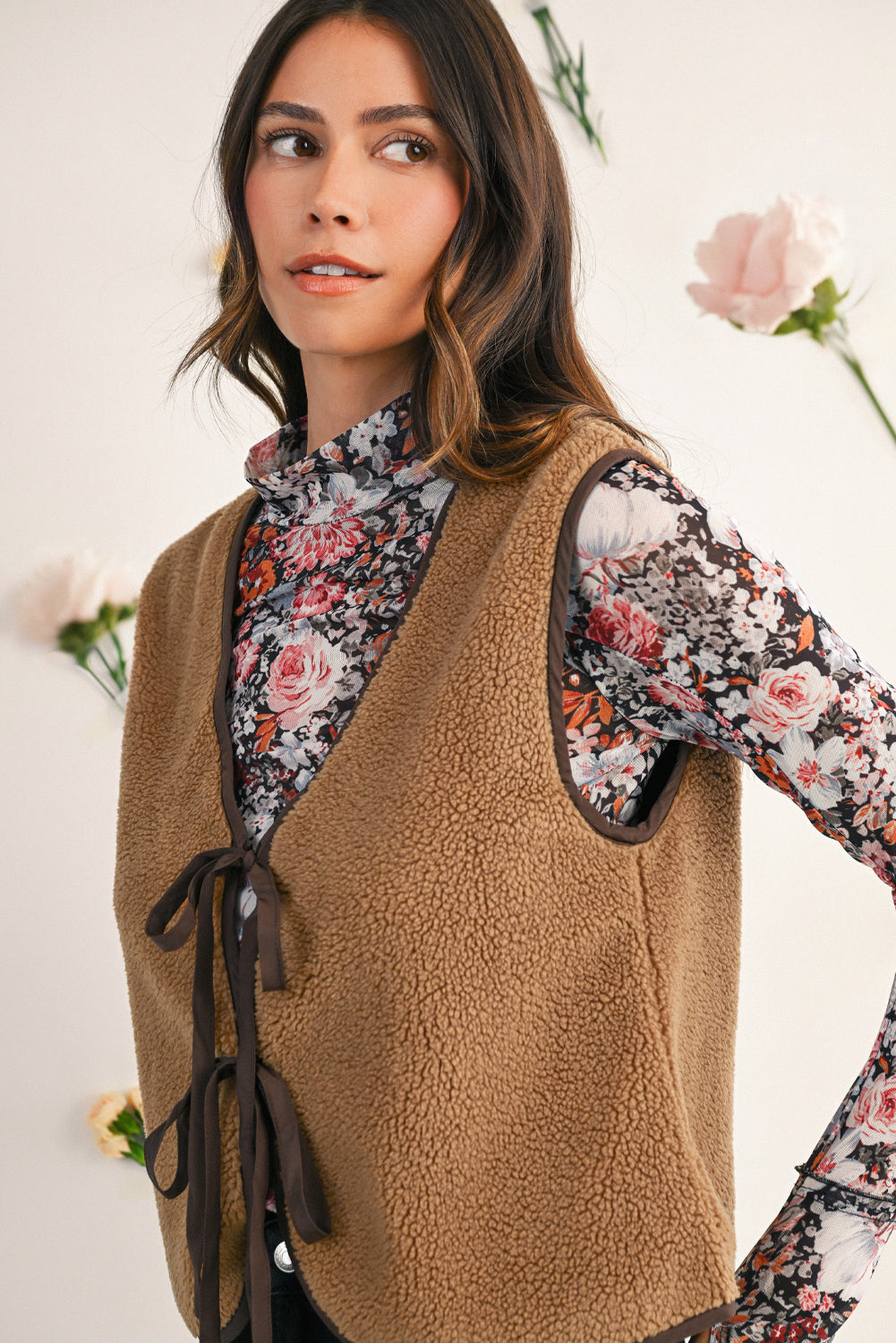 Light French Beige Fleece Tie Front Winter Vest Jackets 2426422a90c0f5aa