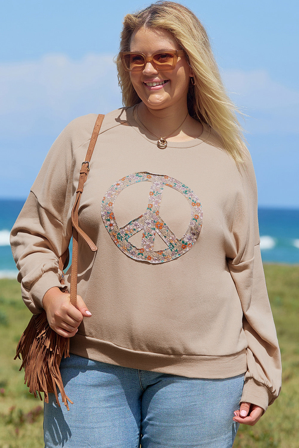 Pale Khaki Floral Peace Graphic Washed Plus Size Sweatshirt Plus Size Tops 243687f1508b371d