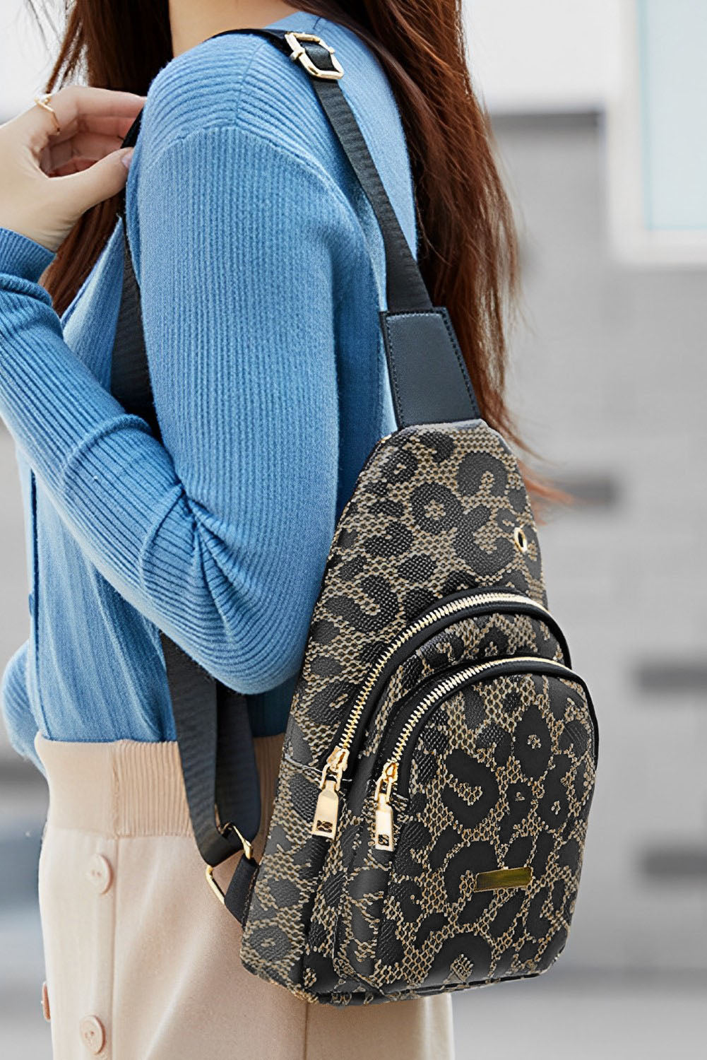 Leopard Printed PU Leather Zippered Fanny Pack Sling Bag Crossbody Bags 2498dadee6e504cc