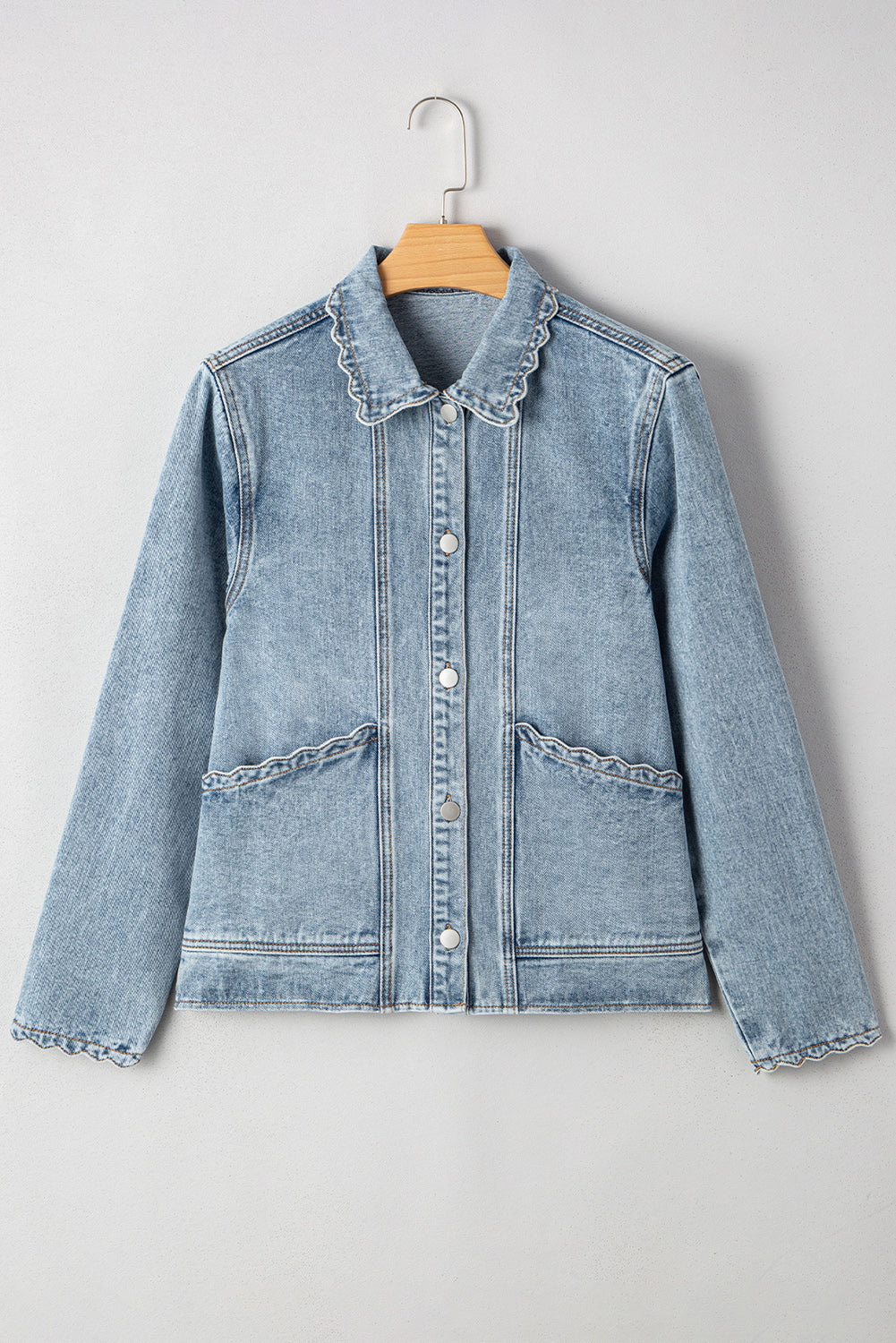 Myosotis Scallop Trim Collar Pocket Button Up Denim Jacket Jackets 24c446c8937add7d