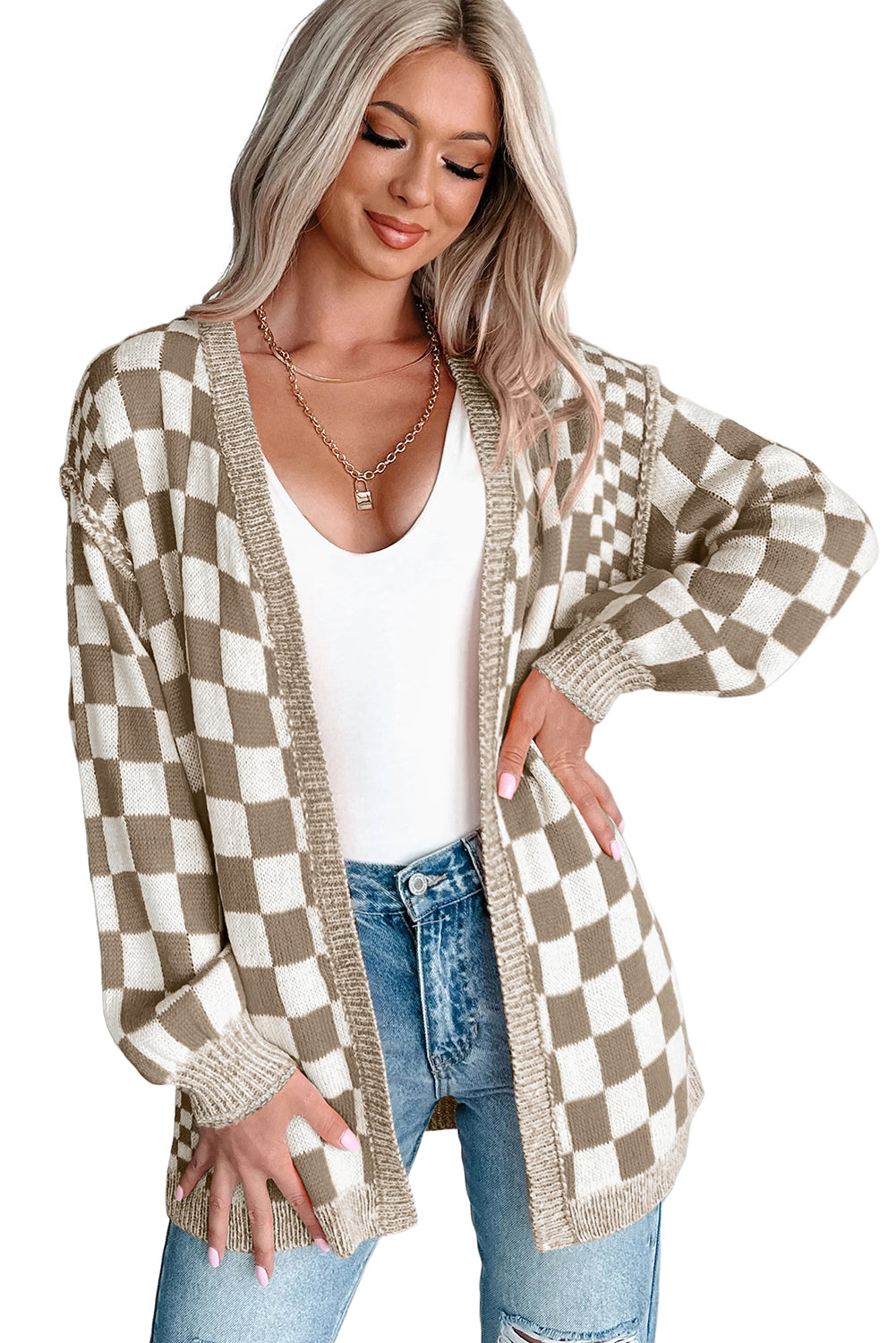Orange Checkered Open Front Drop Shoulder Cardigan Cardigans 24cf267a1311abff