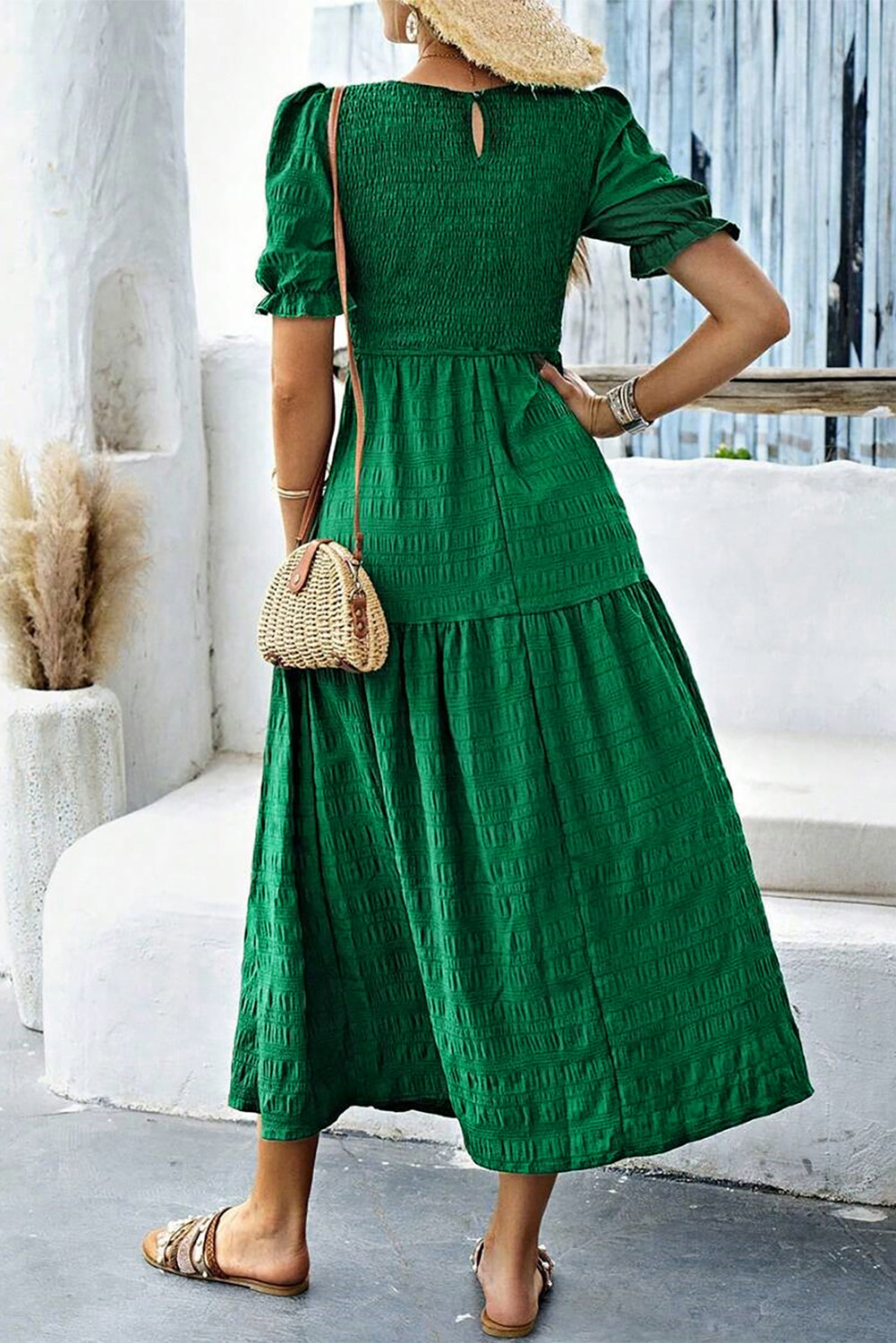 Dark Green Solid Textured Shirred High Waist Midi Dress Midi Dresses 2507fad44c4adf88