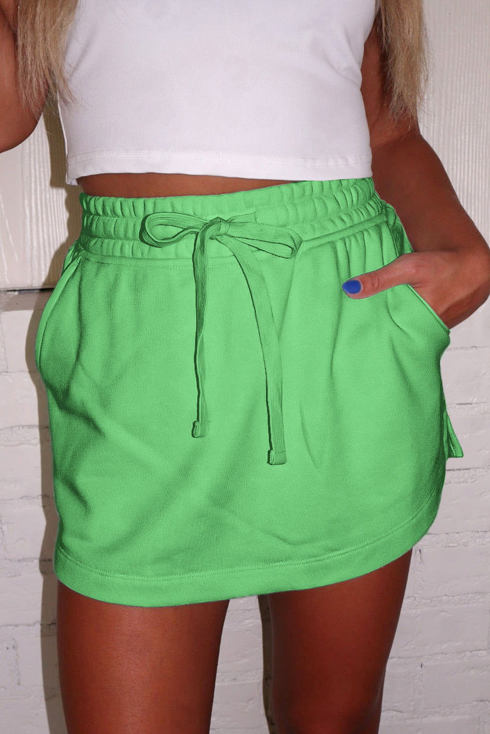 Light Green French Terry Drawstring Mini Skort with Pockets Shorts 2547b29242f47e89