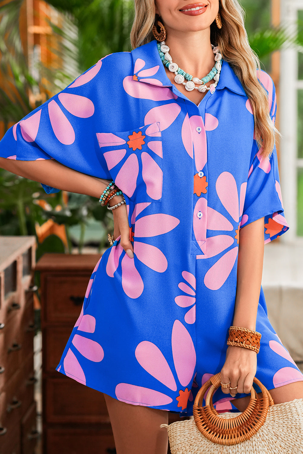 Blue Summer Flower Print Shirt Collar Loose Romper Rompers 25861d0a03277956