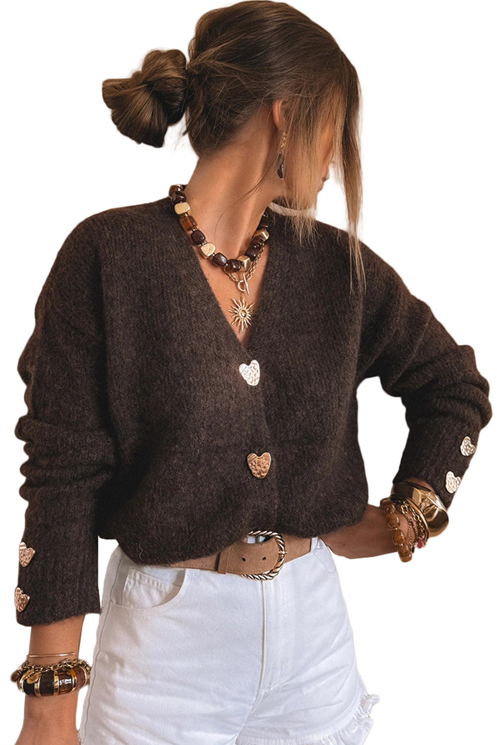 Chicory Coffee V Neck Metallic Heart Button Knit Cardigan Cardigans 259e2e8bae971257