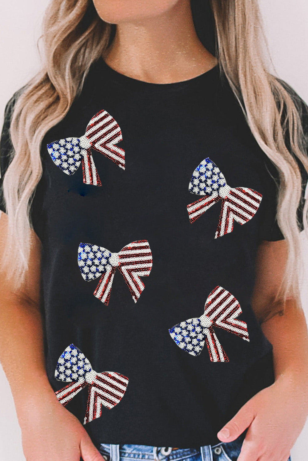 Black Sequined Flag Bowknot Graphic Roll Up Sleeve T Shirt Graphic Tees 25bdbf71afd4656a
