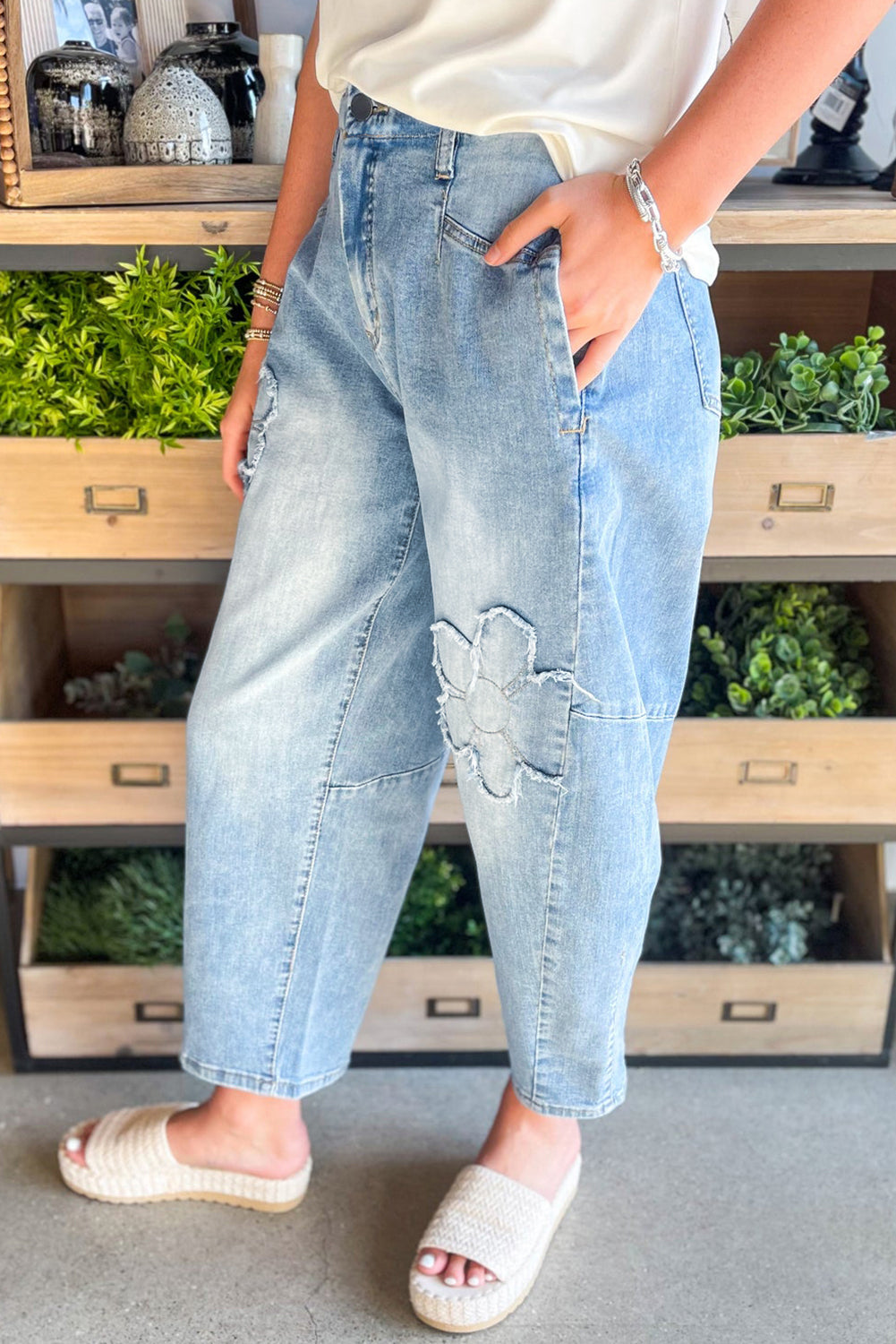 Beau Blue Light Wash Floral Pocketed High Waist Jeans Jeans 2630b4e683297cee