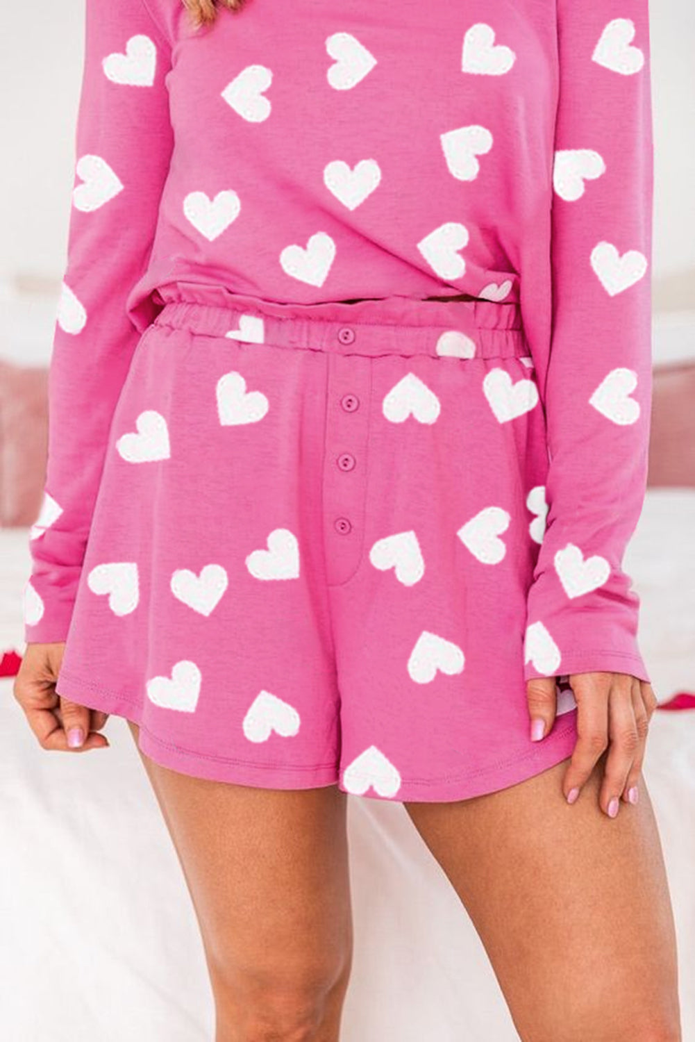 Pink Valentine Heart Print Long Sleeve Top and Shorts Pajama Set Two Piece Shorts Sets 266dac4d12801c68
