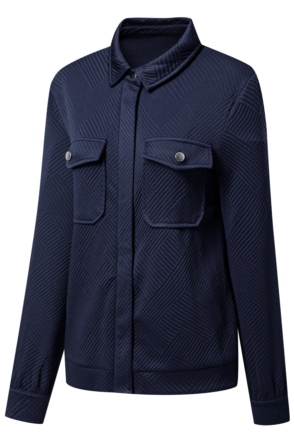 Navy Blue Solid Color Zip Up Button Flap Pocket Shirt Collar Jackets Jackets 267e1f831b745bf2