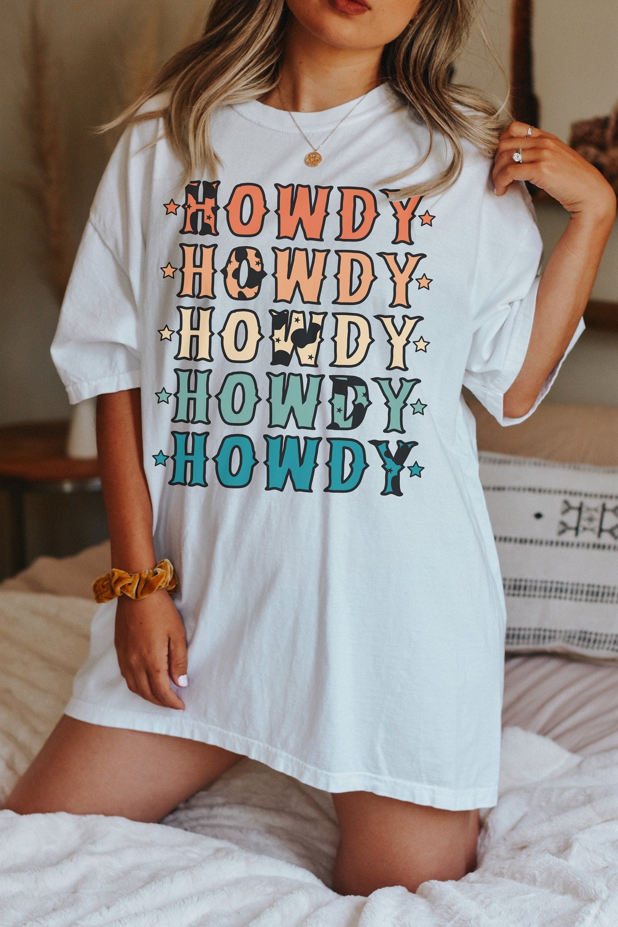 White HOWDY Stars Heat Transfer Printing Crew Neck Loose Fit T Shirt Graphic Tees 269ff9ffa9fcfaa9