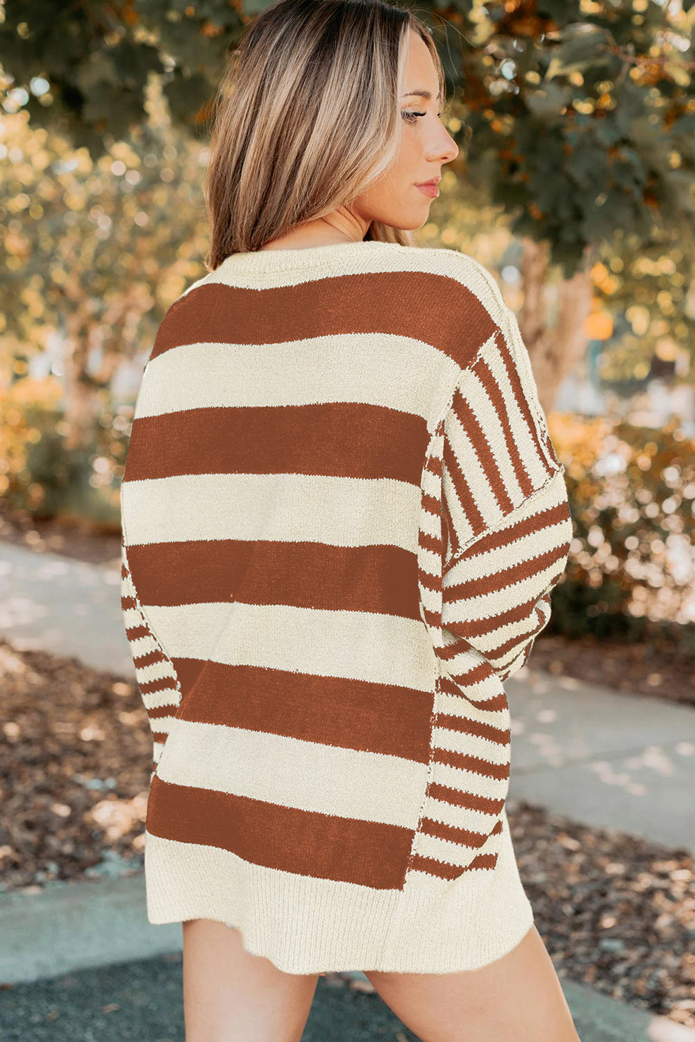 Brown Stripe Drop Shoulder Sleeve Patchwork Baggy Sweater Sweaters 27180c14e0d31252