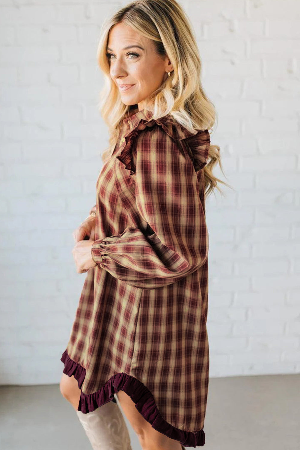 Red Plaid Print Ruffled Long Sleeve Patchwork Hem Mini Shirt Dress Short Dresses 2719f05d7351ceea
