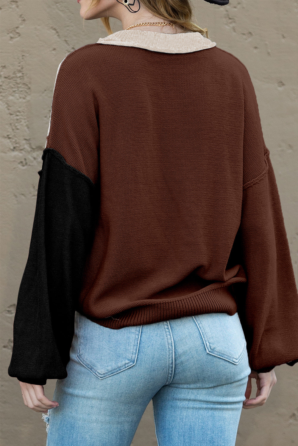 Brown Colorblock Bishop Sleeve Exposed Seam Ribbed Trim Sweater Sweaters 273a4efee24c4582