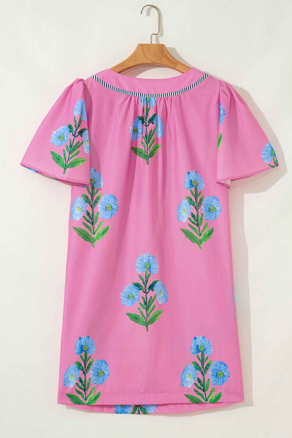 Rose Striped Trim Short Sleeve Split Neck Floral Mini Dress Short Dresses 2787cd50b1d095f5