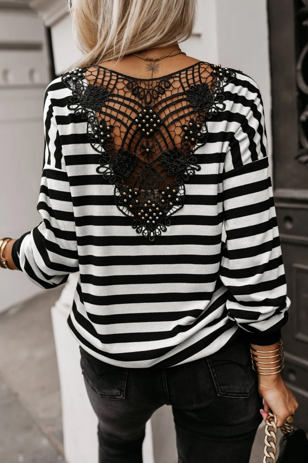 Black Stripe Crochet Hollow-out Back Buttoned Decor V Neck Top Blouses 27a826e314cffc3c