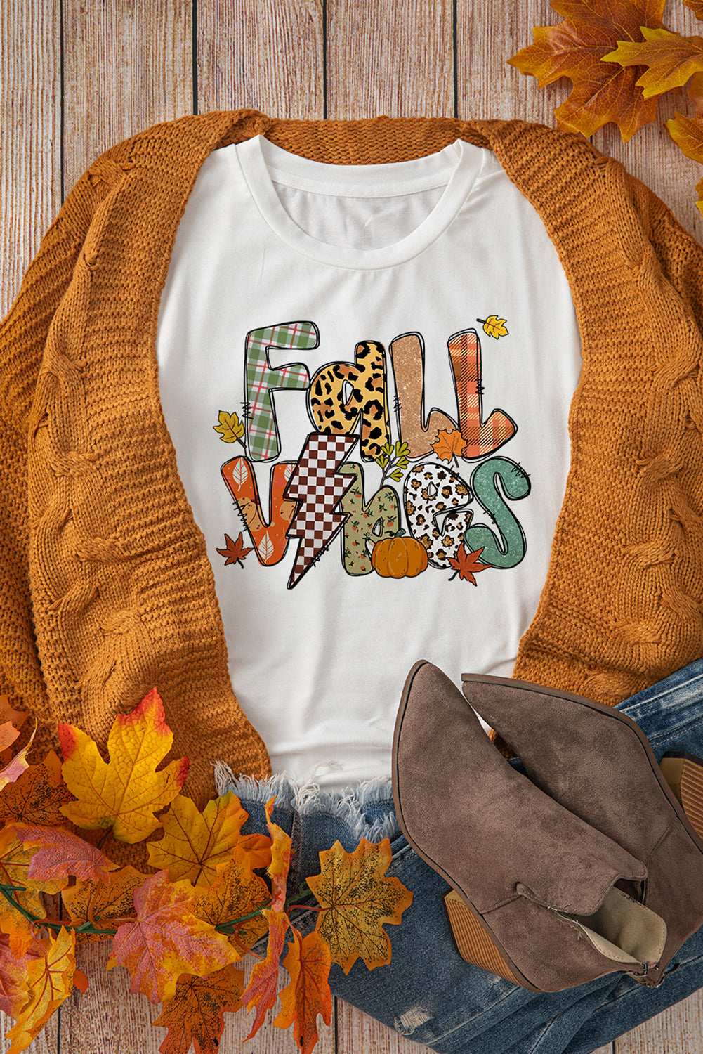 White FALL VIBES Cotton Blend Heat Transfer Printing Casual T Shirt Graphic Tees 27f63033e4d41ab1