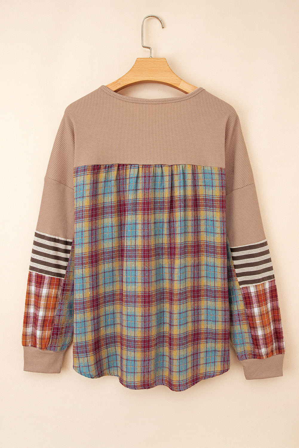 Beige Waffle Stripe Plaid Patchwork Henley Top Long Sleeve Tops 281349ab397837ec