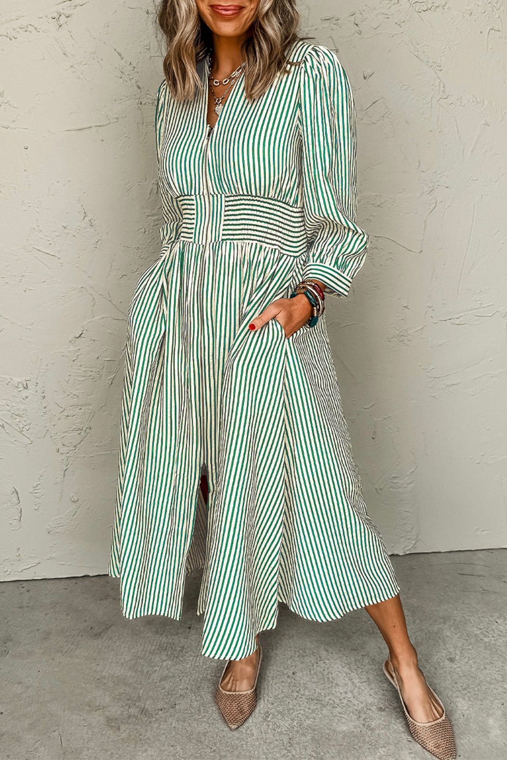 Green Striped V Neck Zip Front Cinched High Waist Midi Dress Midi Dresses 287b360b5dff4d10