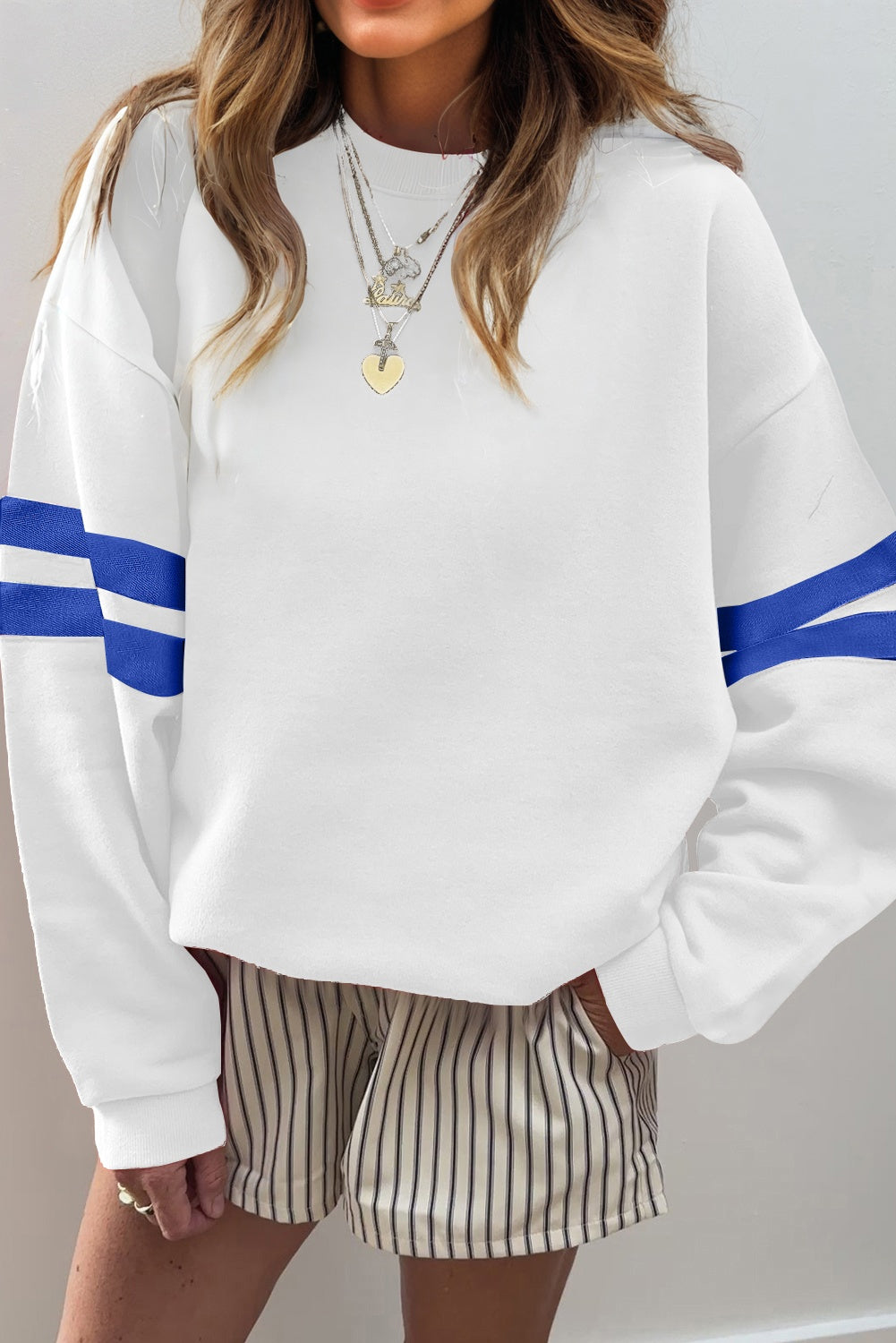 White Preppy Striped Sleeve Loose Sweatshirt Sweatshirts & Hoodies 28812853d8046c0b