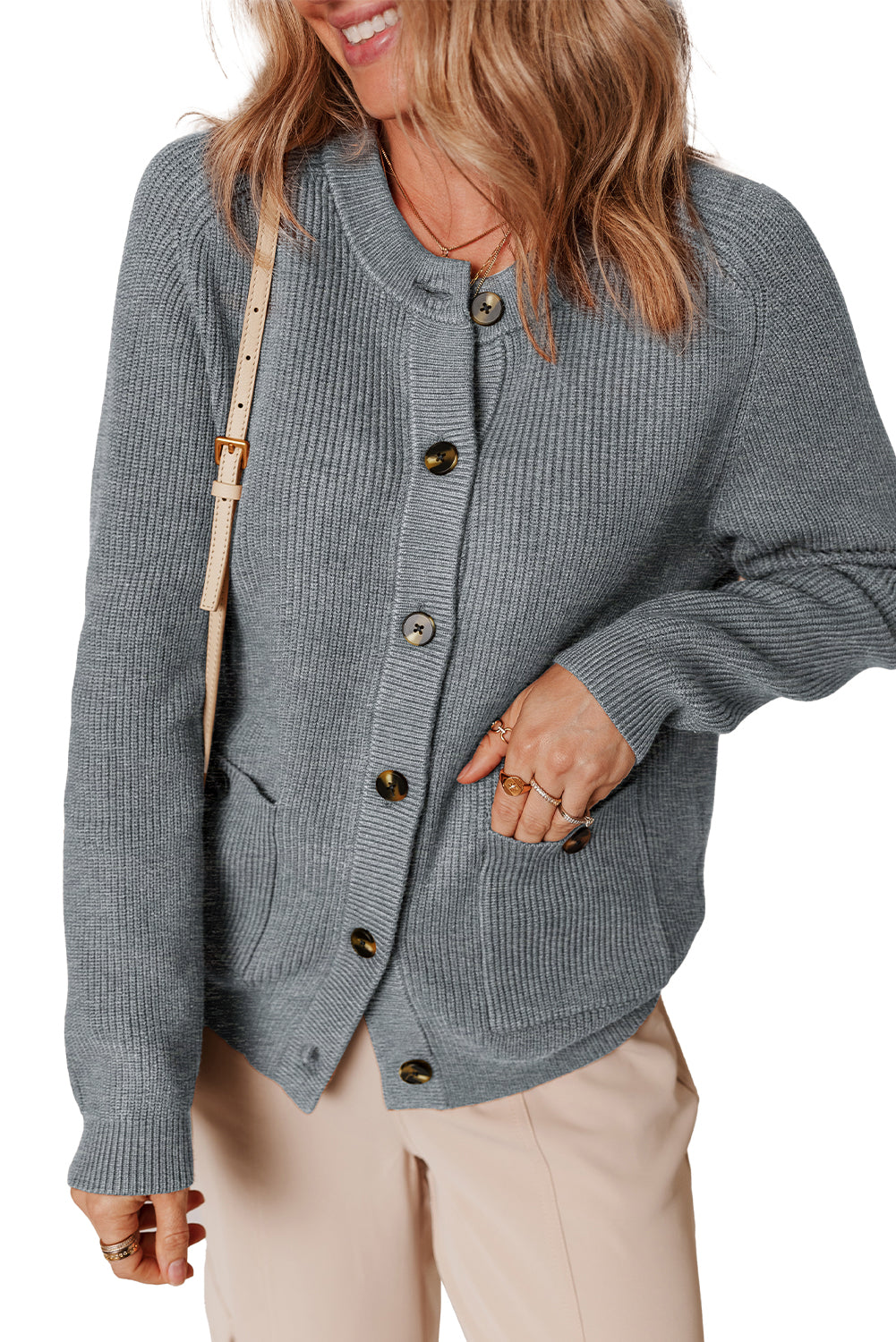 Medium Grey Chunky Buttoned Front Round Neck Cardigan Sweater Cardigans 28c854f2b28d5f5f