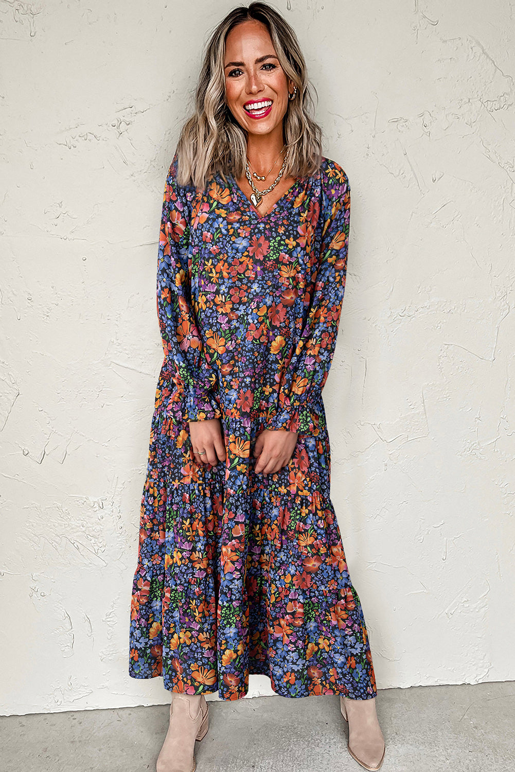Blue Floral Print V Neck Long Sleeve Flowy Maxi Dress Maxi Dresses 28eb80d65626c33f