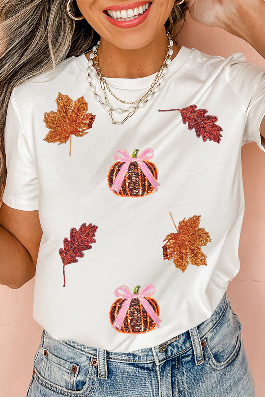 White Pumpkin Leaves Sequins Patch Fall Vibe Graphic T Shirt Graphic Tees 2907d3171e093287