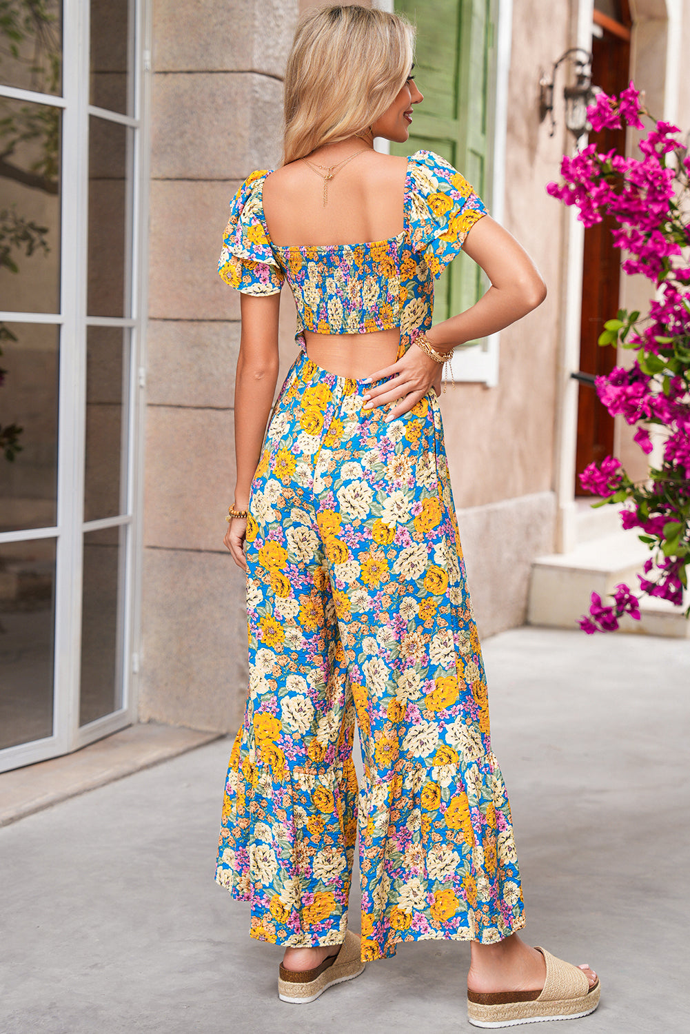 Yellow Floral Allover Print Shirred Cut Out High Waist Jumpsuit Jumpsuits 29237be9f54e267d