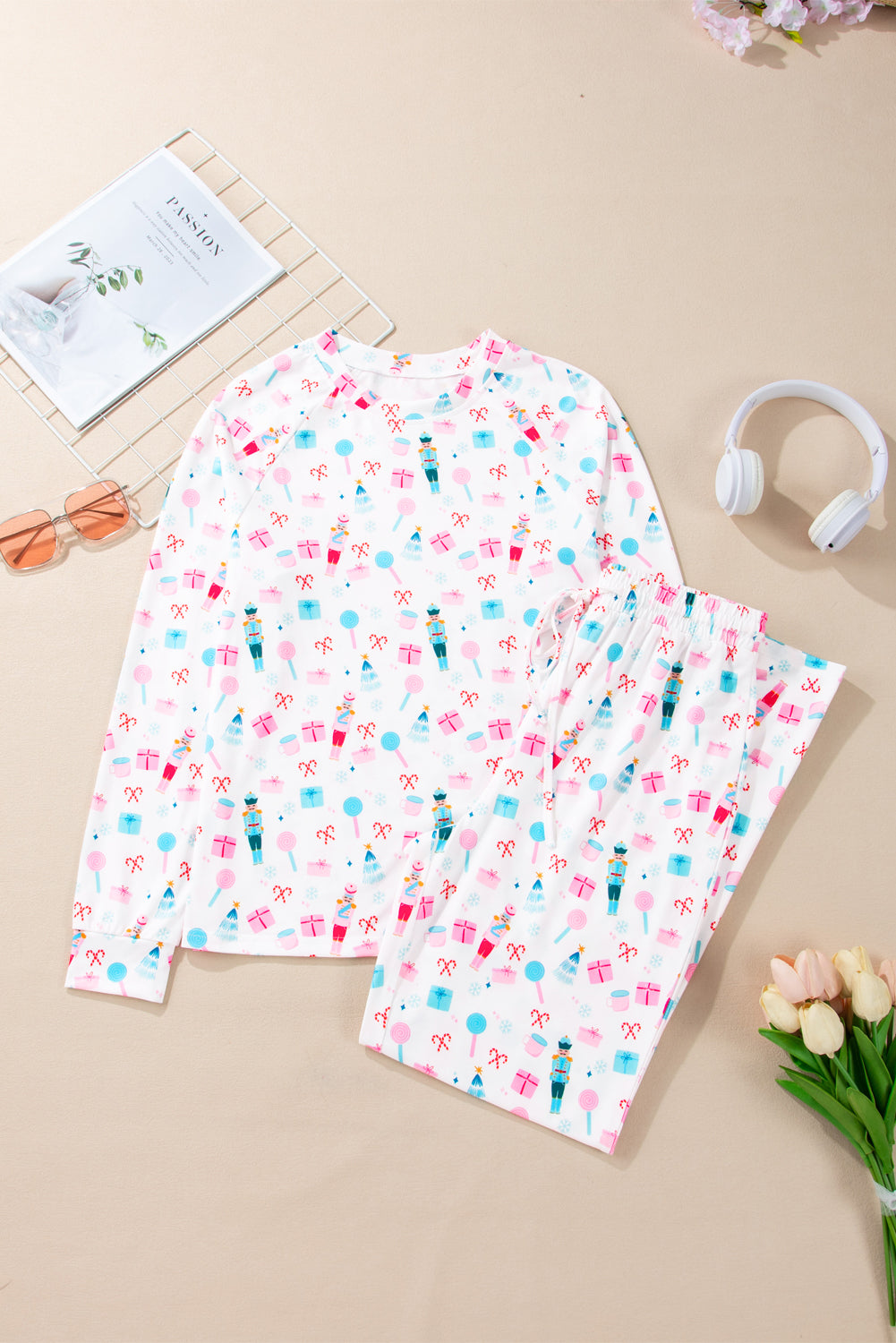 White Christmas Nutcracker Top and Wide Leg Pants Pajama Set Loungewear Set 293ebdb17593b057