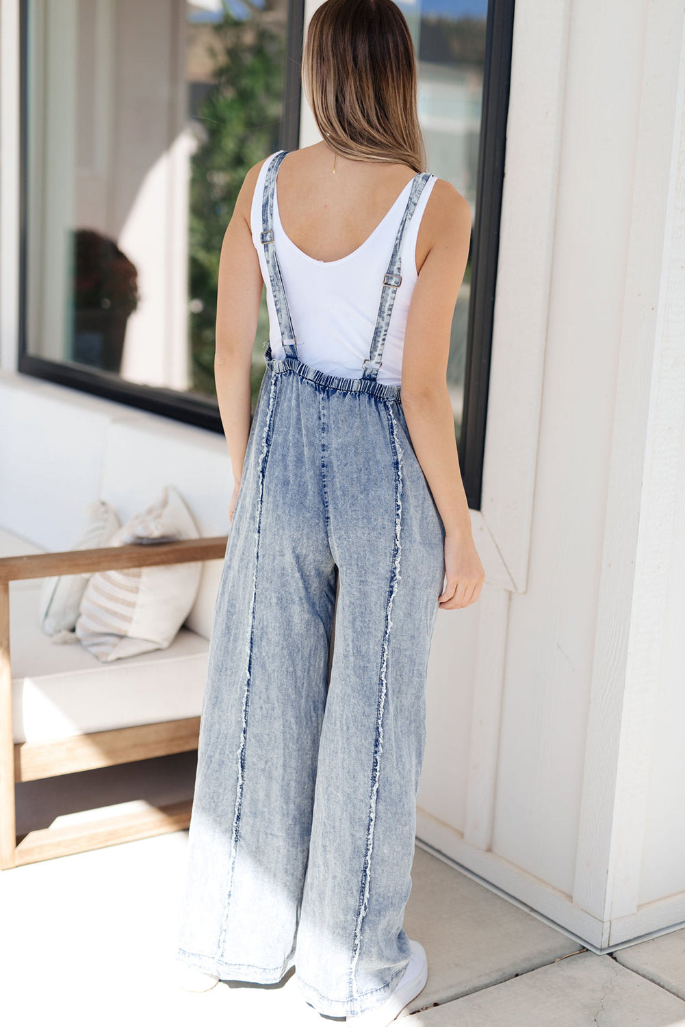 Blue Light Wash Frayed Exposed Seam Wide Leg Denim Overalls Jumpsuits 294a3dcbadf351bd