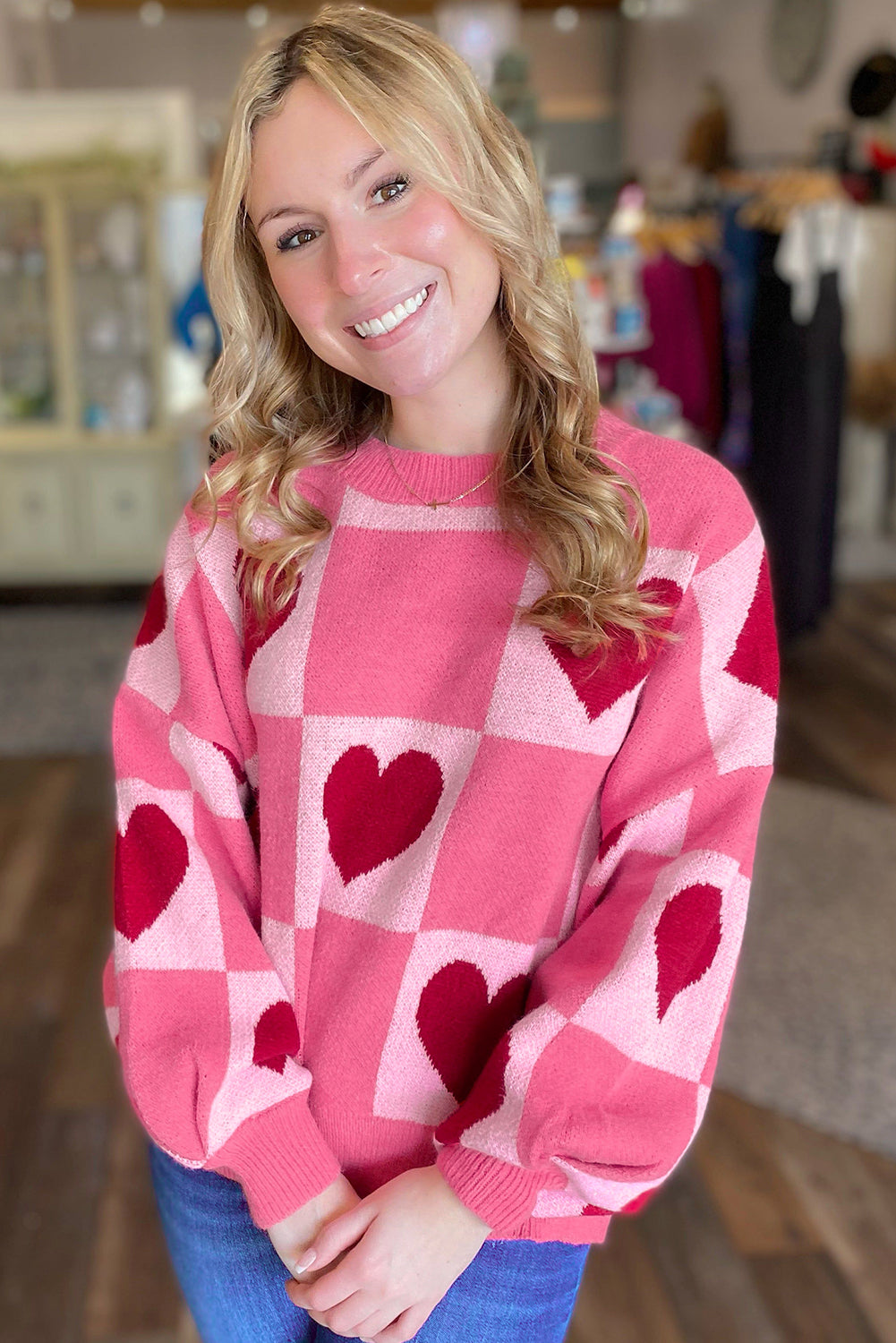 Pink Love Heart Checkered Valentine Knit Sweater Sweaters 296e166bf7967476