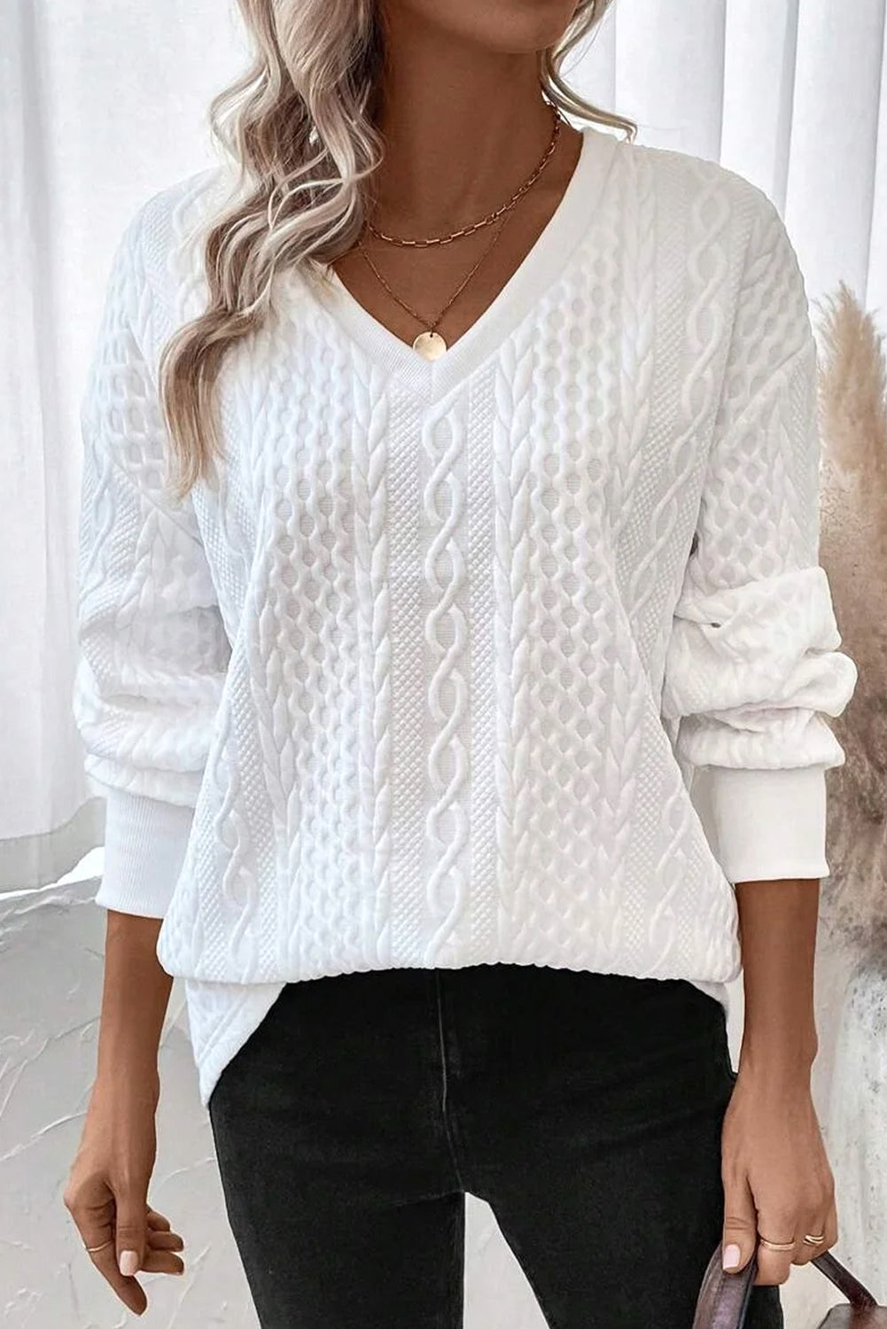 White Plain V-Neck Oversized Long Sleeve Textured Top Long Sleeve Tops 2978616a3602116c