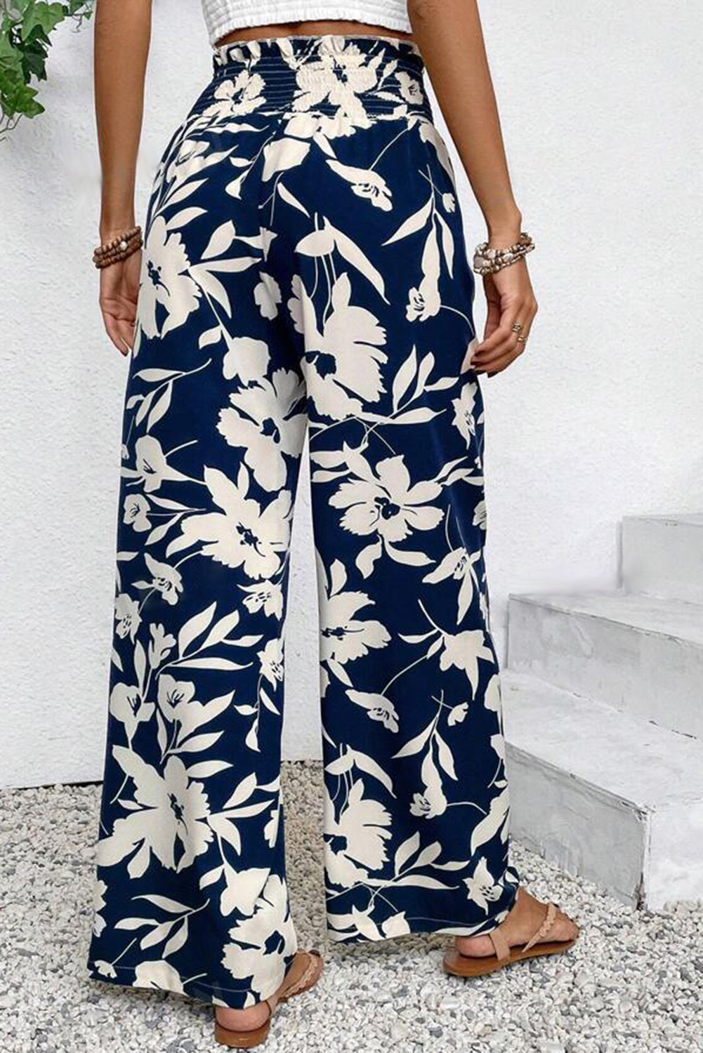 Blue Floral Smocked Frill Waist Wide Leg Pants Pants 29830e1760ba6c0f