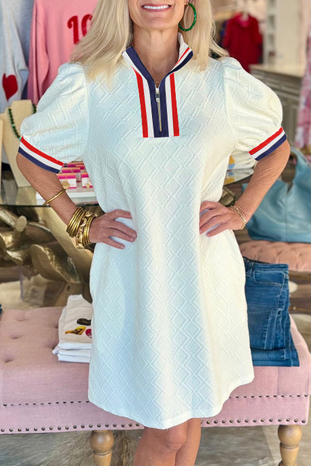 White Pop of Color Neckline Plaid Textured Puff Sleeve Mini Dress Short Dresses 29d021d0d818283c