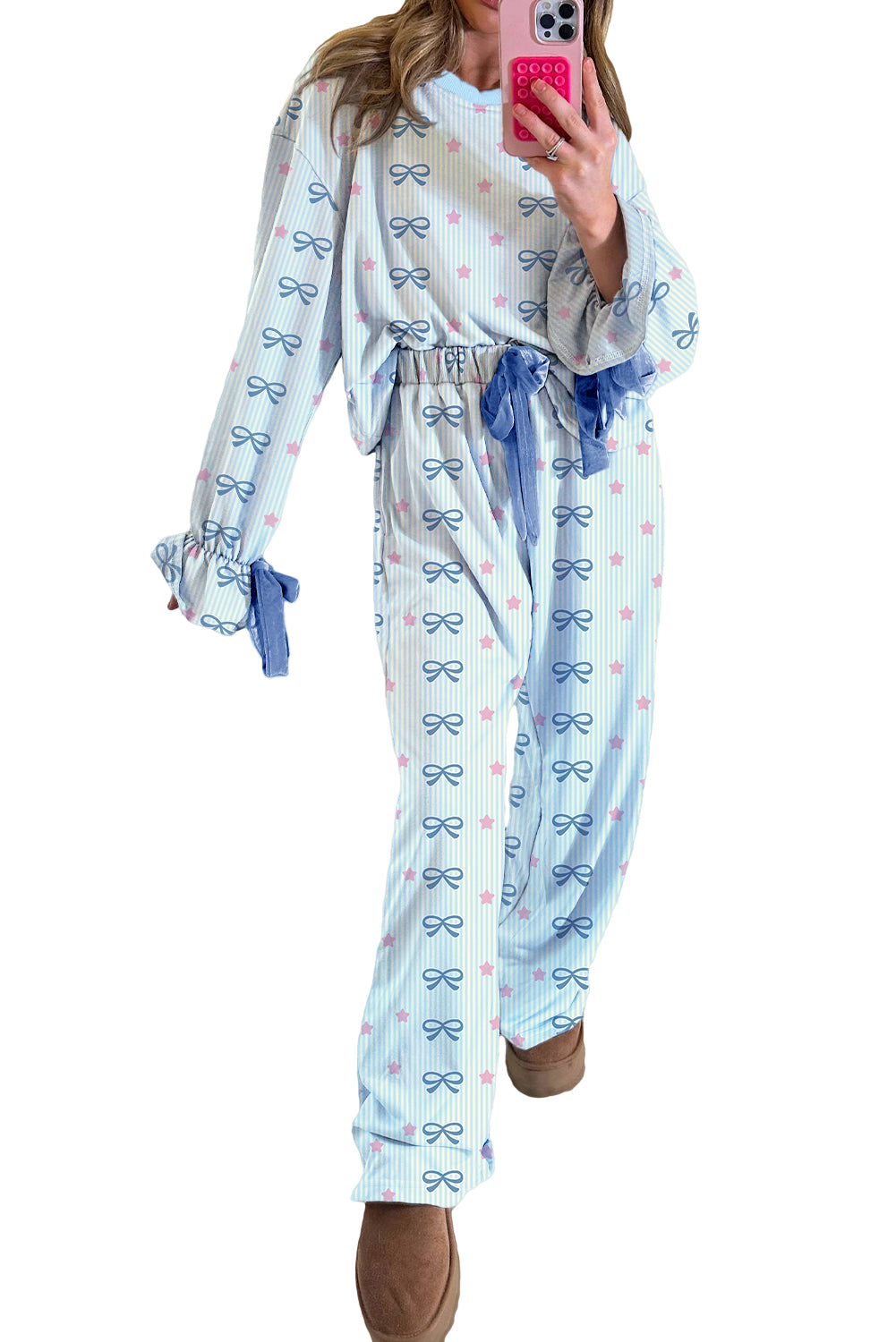 Sky Blue Stripe Bow Star Print Tied Detail 2pcs Lounge Set Loungewear Set 29f44233ac7fb46f