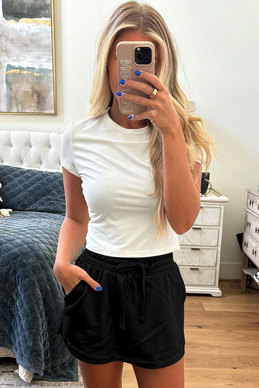 Light Green French Terry Drawstring Mini Skort with Pockets Shorts 29fdfffbc304049d