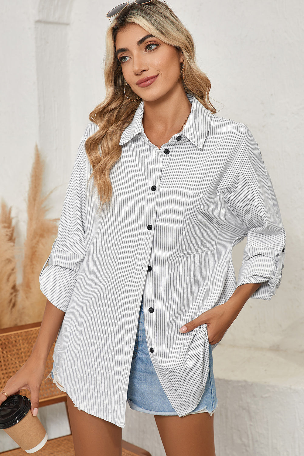 Black Stripe Roll-tab Sleeve Pocketed Tunic Shirt Shacket Long Sleeve Tops 2a287eb4ded5d00e