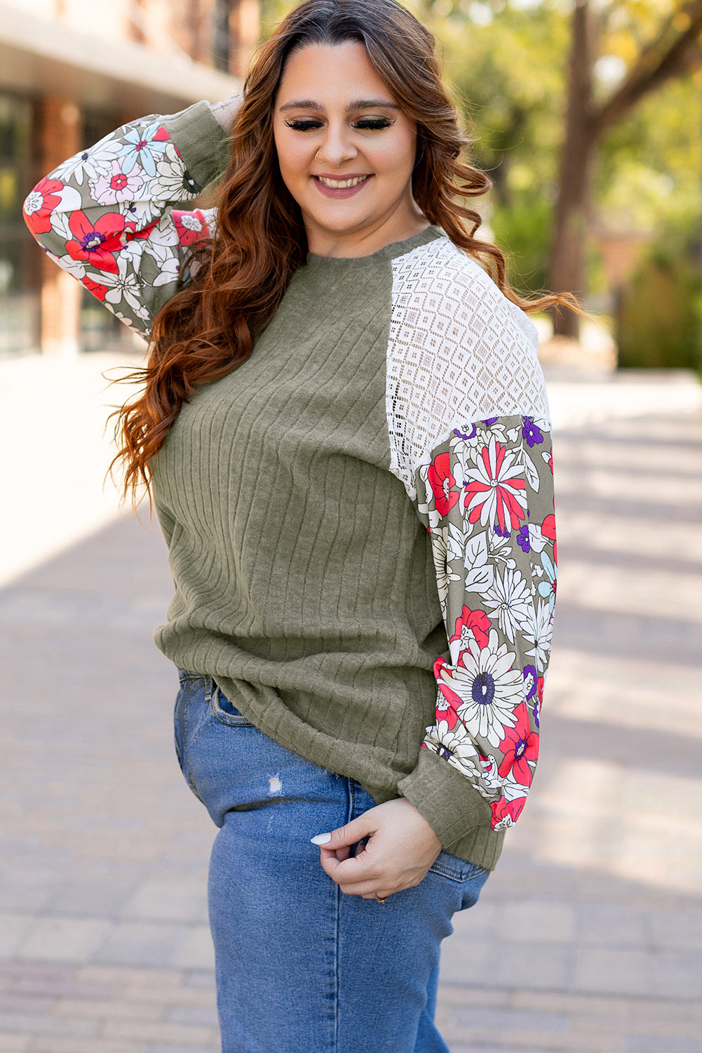 Vineyard Green Plus Size Textured Floral Patchwork Raglan Sleeve Top Plus Size Tops 2a4d9c89c54b369f