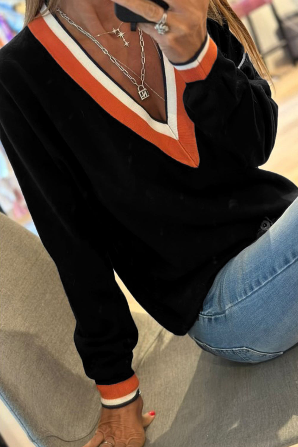 Black Contrast Striped Trim V Neck Knit Sweater Sweaters 2abdfb0590c3bb4a