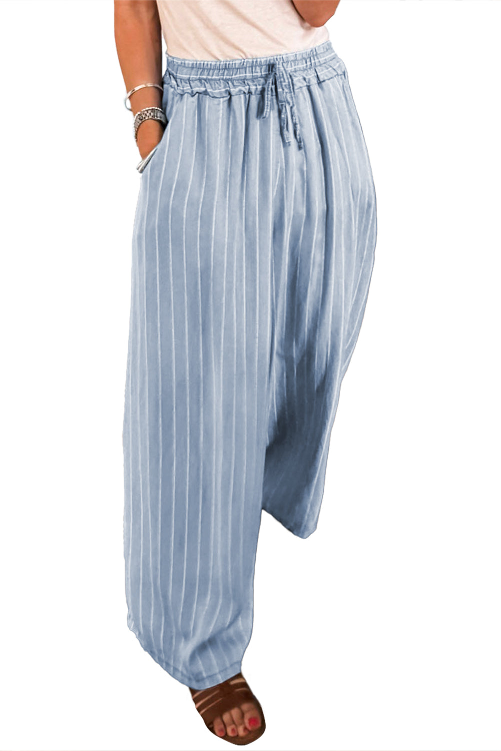 Sky Blue Stripe Chambray Wide Leg Tied Elastic Waist Trousers Pants 2addbf1020544638