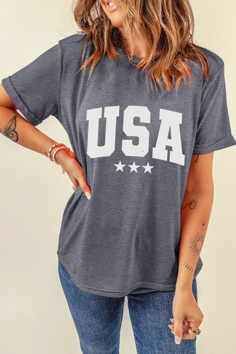 Gray USA Letter Heat Transfer Printing Crewneck Tee Graphic Tees 2aee85248dbeb541