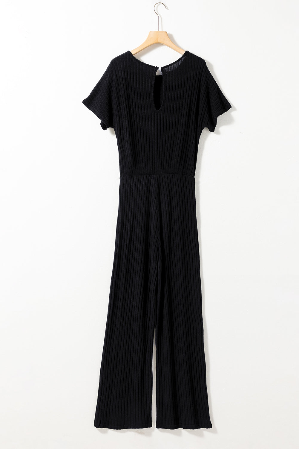 Black Ribbed Keyhole Short Sleeve Wide Leg Jumpsuit Jumpsuits 2af2f1a5e12188a2