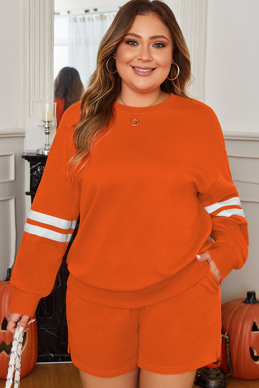 Orange Plus Size Varsity Striped Sleeve Sweatshirt and Shorts Set Plus Size Matching Sets 2b1d163031eb1a57
