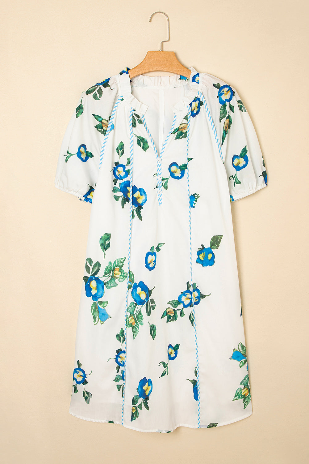 White Plus Size Floral Puff Sleeve Contrast Tie V Neck Flowy Dress Plus Size Dresses 2b7fc28597f0809a