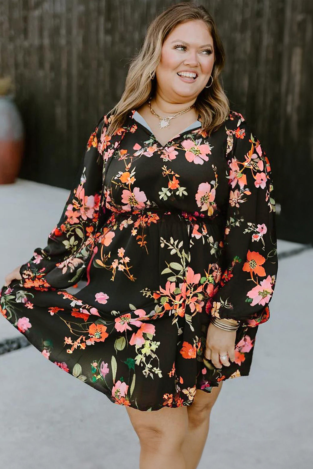 Black Plus Size Floral Print Tie Neck Cinched Waist Long Sleeve Mini Dress Plus Size Dresses 2ba7c9bb599c3585