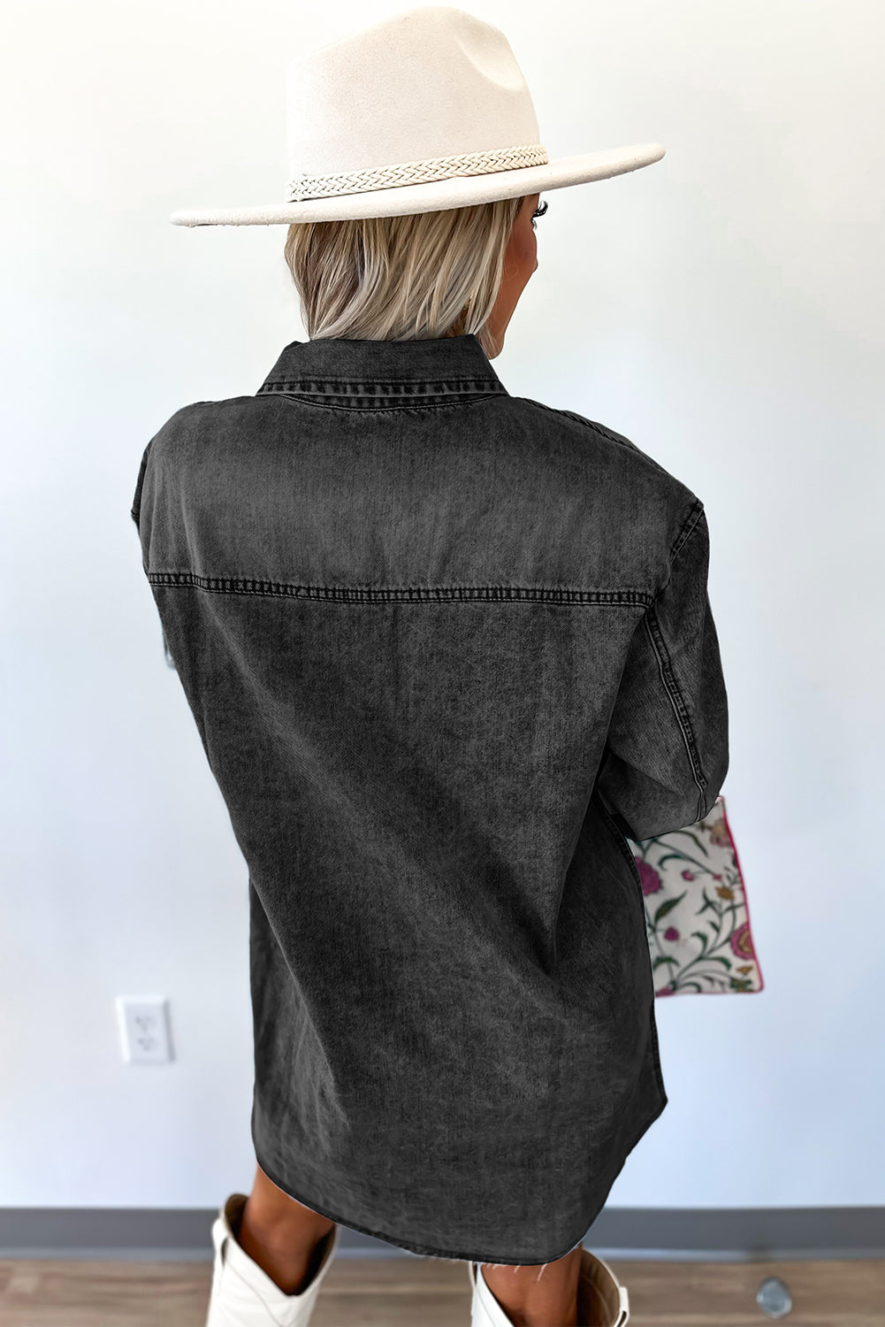 Medium Grey Chest Pocket Raw Hem Denim Loose Shirt Dress Short Dresses 2c00ccb3b0758f8c