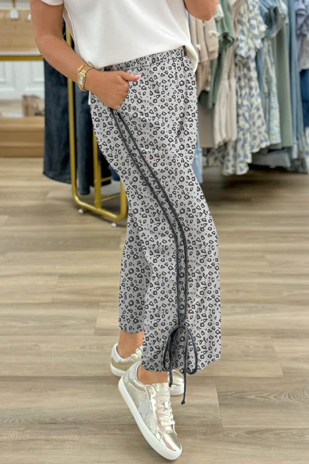 Khaki Leopard Print High Rise Knot Side Pants Pants 2c52683d14a36380